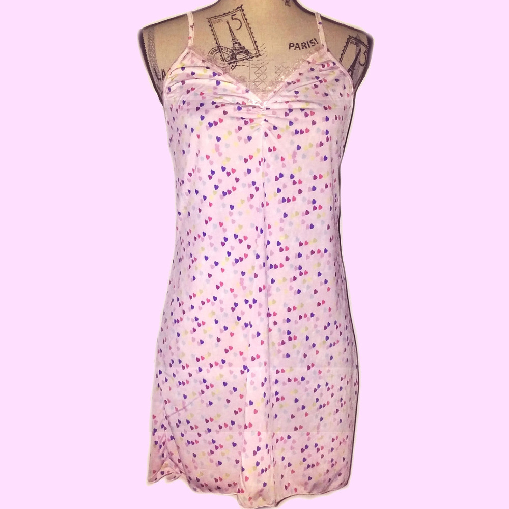 RAINBOW HEARTS SILKY LACE TRIM CHEMISE~ WOMENS S